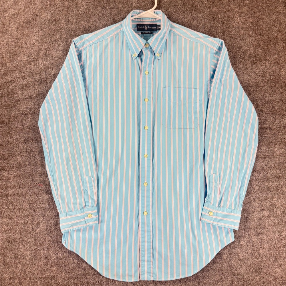 Ralph Lauren Striped‎ Button Down Shirt Men's Medium Blue Cotton Classic Fit
